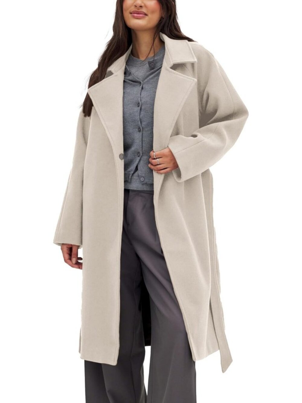 Chic Women's Winter Belted Coat - Classic Loose Open Front Trench Peacoat with